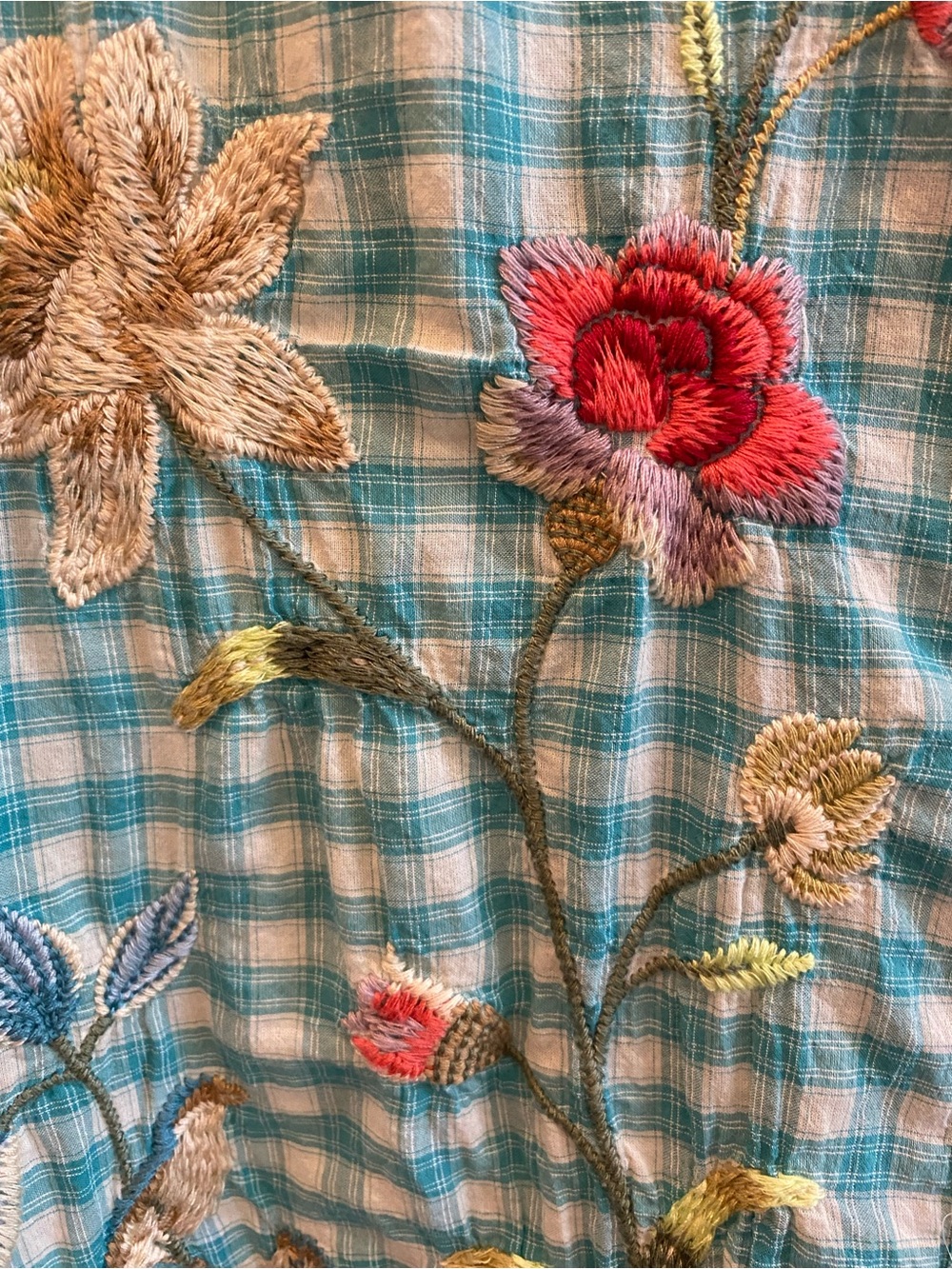 Johnny Was Turquoise Gingham Embroidered Button-Front Blouse , great condition! - Picture 12 of 16